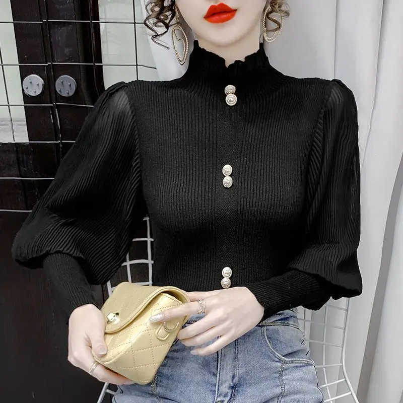 Women\'s Pullover Solid Long Sleeve Button Sweater Half High Collar 2023 Spring and Autumn Korean Puff Sleeve Ruffles Knit Tops