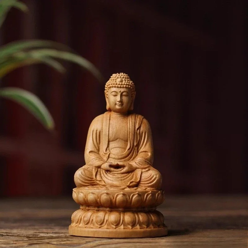 8cm Tathagata Buddha Statue Cliff Cypress Wood Handmade Carve Handicraft