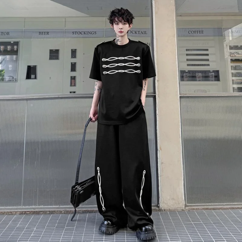 WVGA 2026 Summer New Men Shoulder Pads Ribbon Decoration Short Sleeved Tops Niche Casual Wide-Leg Pants Two-Piece Set Ins W24374 view 2