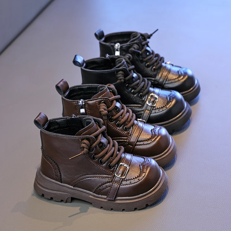 Little Girls Platform Cotton Boots Retro Black Brown Children's Ankle Boots Round-toe Outdoor School Kids Fashion Plush Boots