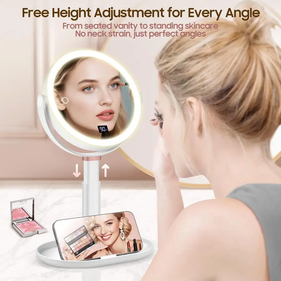กระจกขยายพร้อมไฟ 30X 1X, จอแสดงผลดิจิตอล, ระบบควบคุมแบบสัมผัส 2 ด้าน, กระจกแต่งหน้าพร้อมไฟ 3 สี, หมุนได้ 360 องศา, ปรับความสูงได้