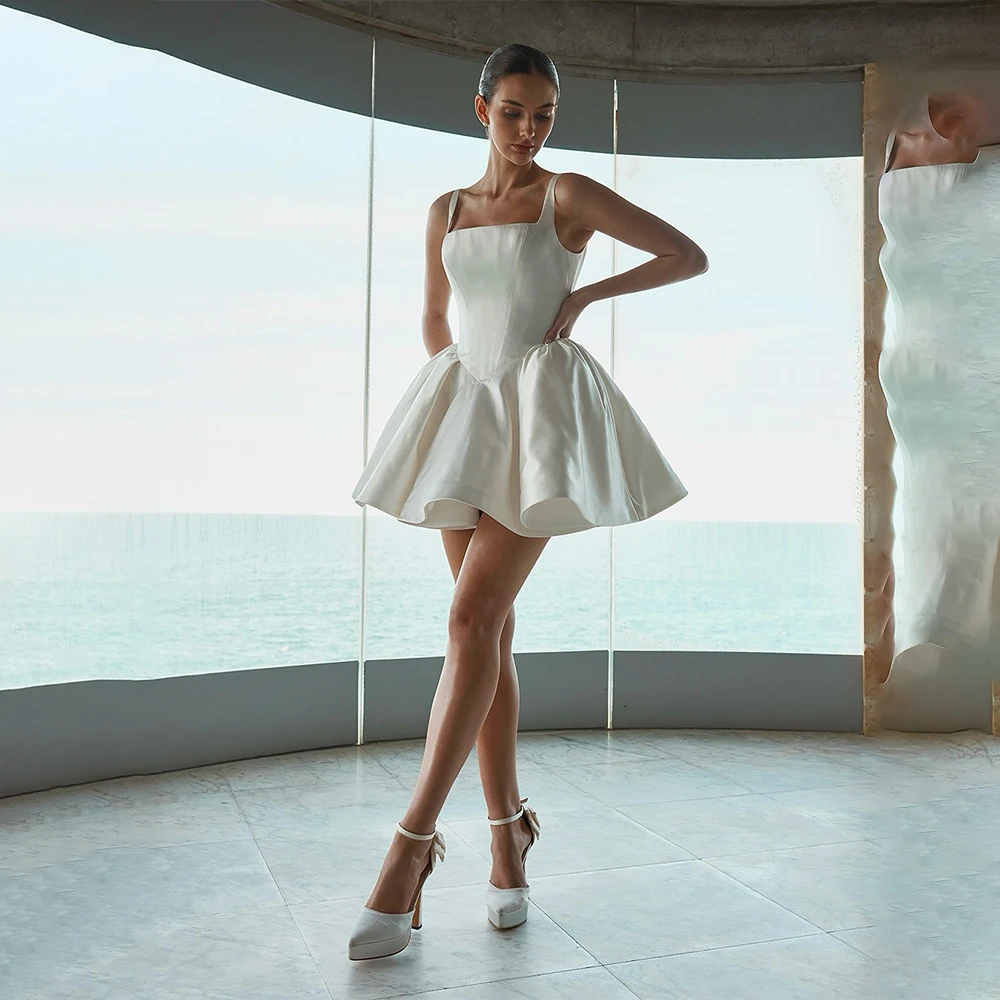 

Простые атласные короткие/мини-свадебные платья с двумя бретелями на заказ 2026 Vestido De Noival