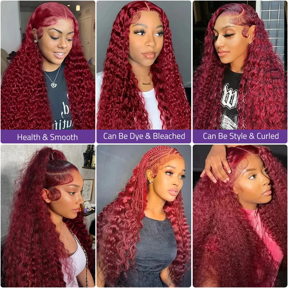 13x4 Прозрачный кружевной вьющийся глубокий волнистый фронтальный парик Цветной 30 40 дюймов 99j Бордовый 13x6 HD Парики из натуральных волос на кружеве для женщин
