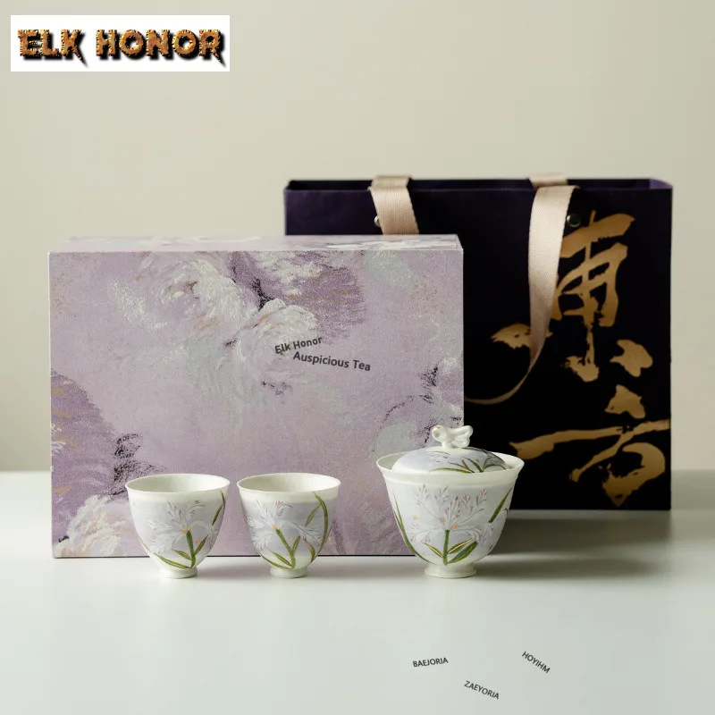 Rock Ore White Hand-painted Iris Flowe Tea Set Complete Set Creative Tea Ceremony Set Teapot and Tea Cup Set Drinkware Ornaments