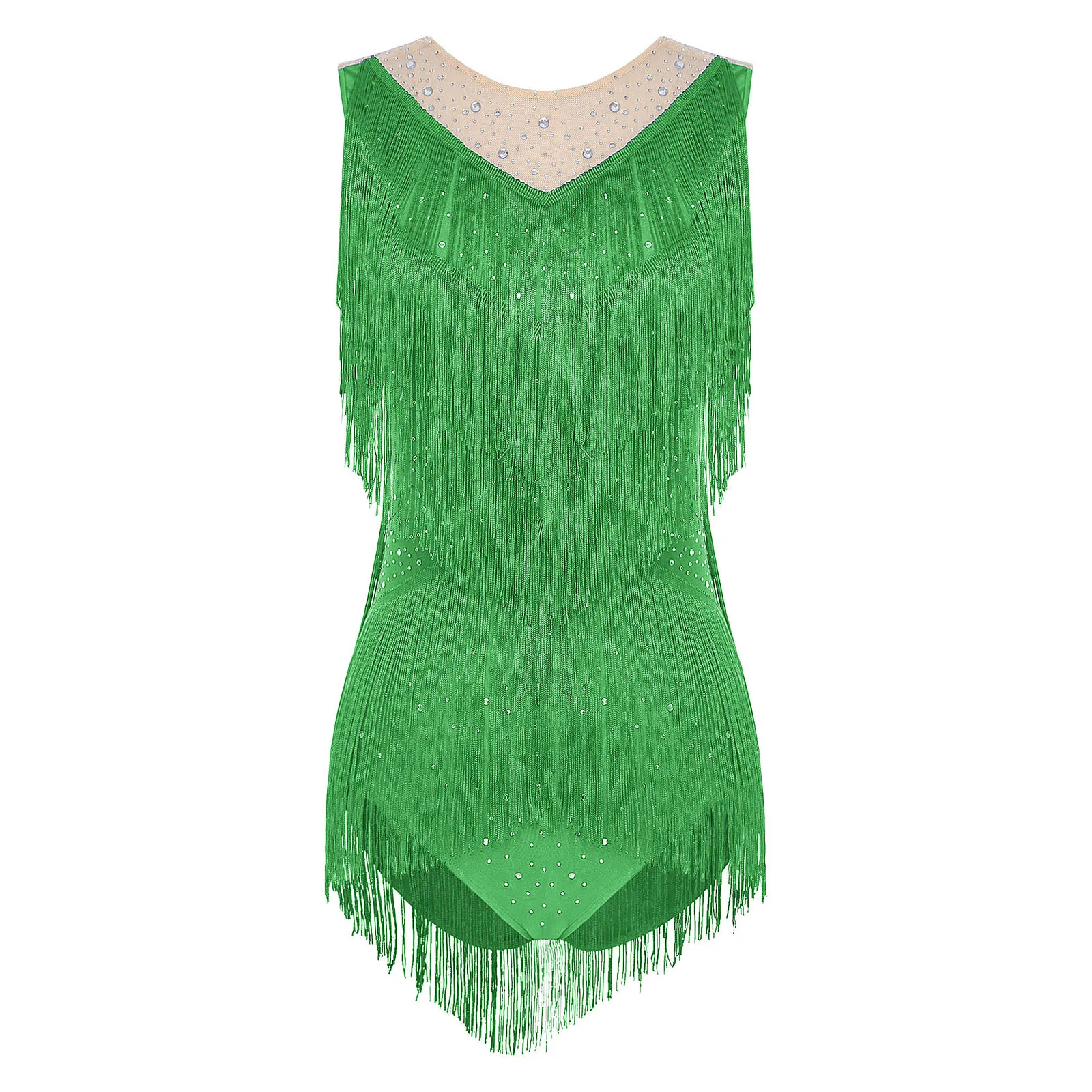 Womens Girls Sequin Modern Hip Hop Jazz Dance Performance Costume Leotard Dress Sparkling Tassels Samba Salsa Latin Dancewear