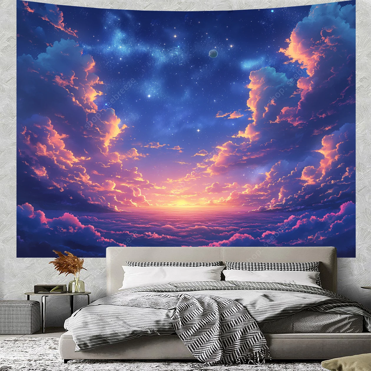 Psychedelic Moonrise Cloudscape Tapestry Wall Hanging Enigmatic Night Sky Tapestry Aesthetic Boho Home Wall Decor Curtain Cloth