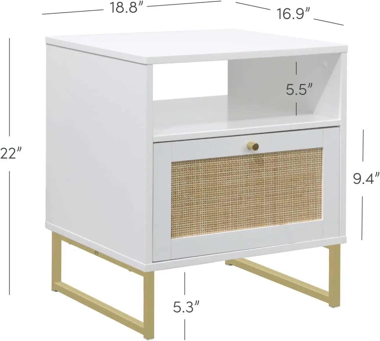 Rattan Wood End Side Accent Table Nightstand with Storage for Living Room or Bedroom, 1, White/Gold·Factory Direct Sales