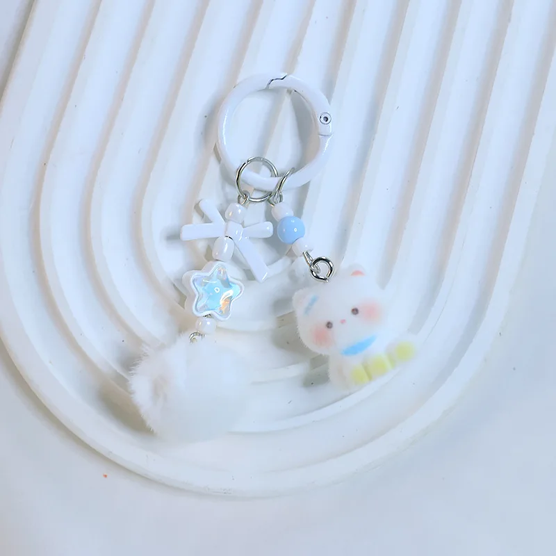 

6Pcs Cartoon Creative Flocked Resin Pom Pom Kitten DIY Phone Cute Bead Keychain Pendant