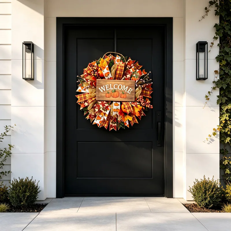 Autumn garlands, pumpkins and berries hanging from the harvest door, Thanksgiving rattan rings