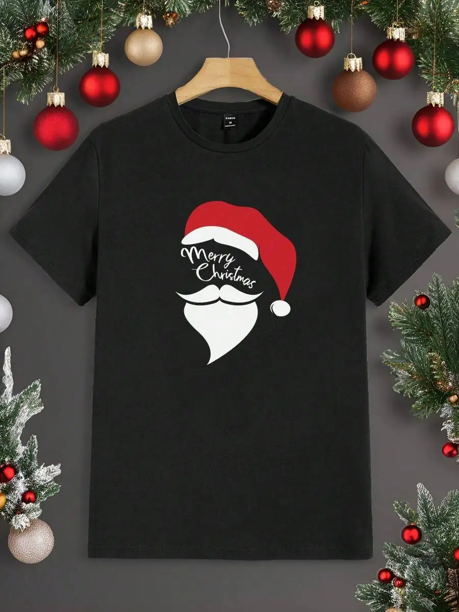 Manfinity Homme Santa Claus Print Standard Fit Men Black Crew Neck T-Shirt 100% Cotton Trendy Y2K Short-Sleeve Tee-Soft,