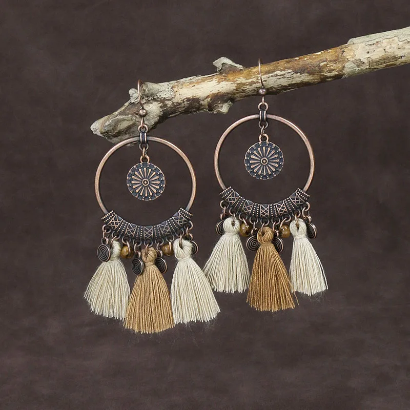 Ethnic Bohemian Tassel Fringe Long Dangle Earring For Women Wooden Beaded Geometric Handmade Drop Earrings Jewelry Pendientes