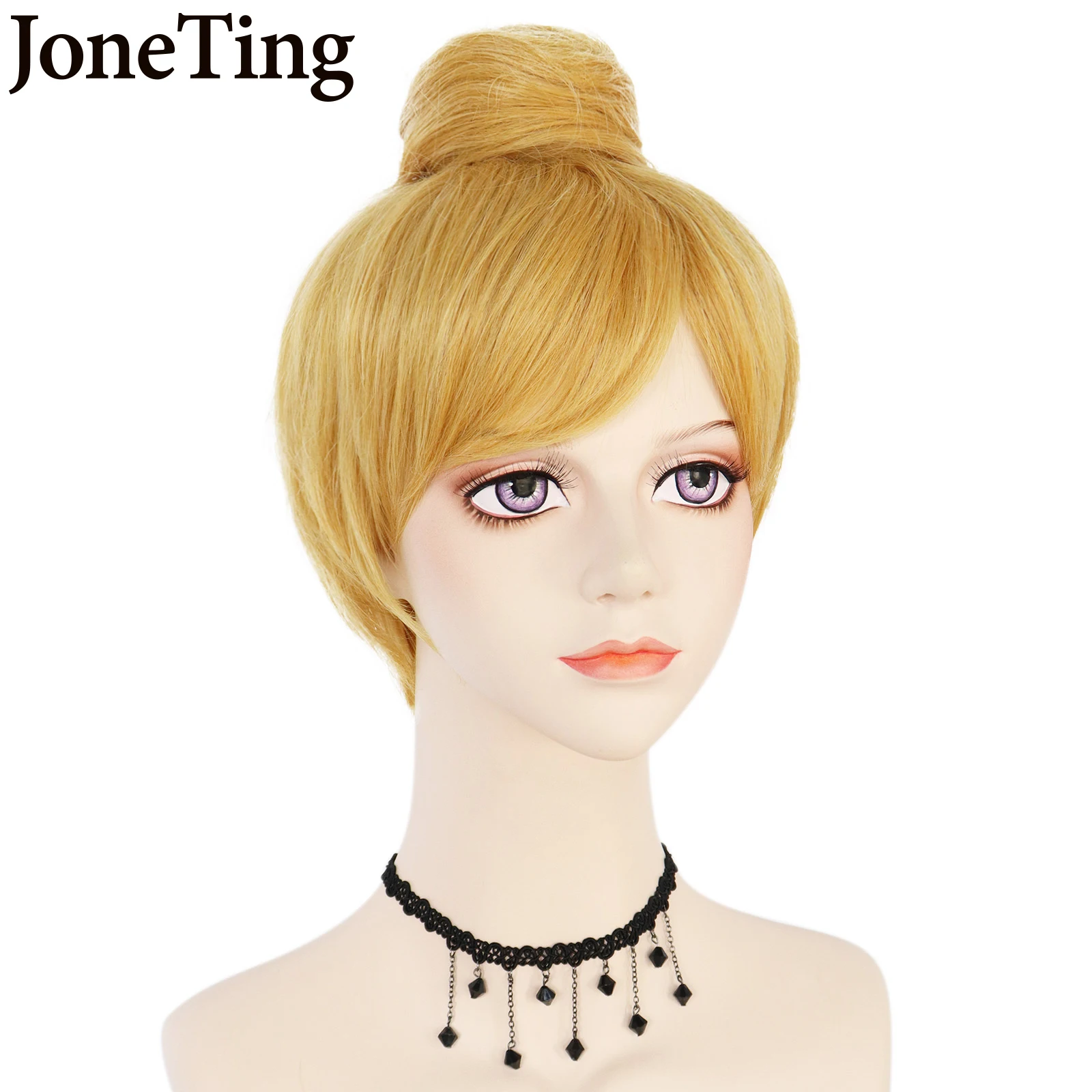 JT Synthetic Princess Tinker Bell Tinkerbell Cosplay Wigs Short Blonde Hair With Bun Heat Resistant Fiber Hair Wig Halloween