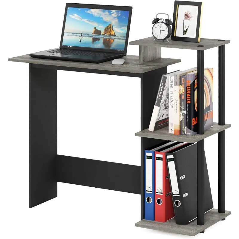 Meja Komputer Notebook Laptop Rumah Efisien dengan Rak Persegi, French Oak/Hitam