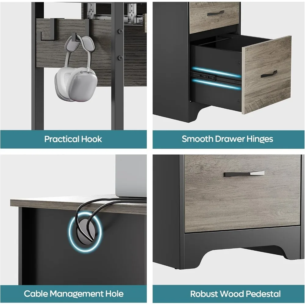 Mesa de computador de 48 polegadas com gavetas, mesa de escritório com armazenamento, escrivaninha de madeira industrial com gaveta de arquivo, bandeja de teclado e 2 ganchos