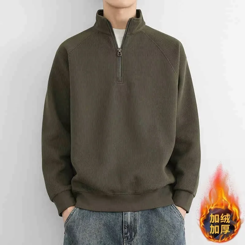 Autumn Winter Men's Stand Collar Long Sleeve Pullover New Fleece Lined Thickened Half Zip Hoodies Sweatshirt