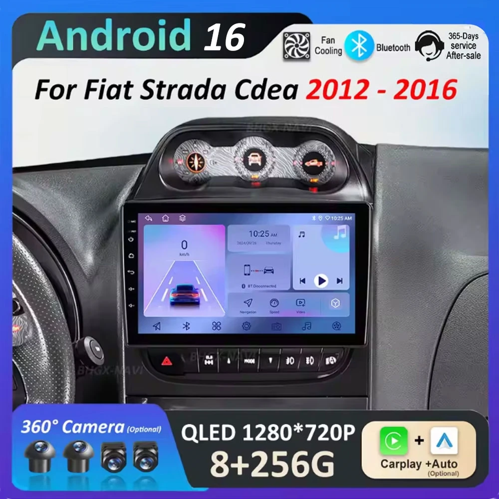 Radio Multimedia para Auto con Sistema Android 16 para Fiat Strada Cdea 2012-2016, Reproductor con GPS, Ventilador de Refrigeración, Pantalla Táctil IPS QLED