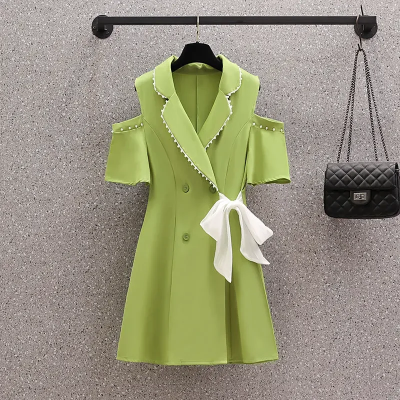 Conjuntos curtos femininos 2 peças fora do ombro com arco verde terno de negócios shorts femininos fino ajuste estilo coreano duas peças novos produtos