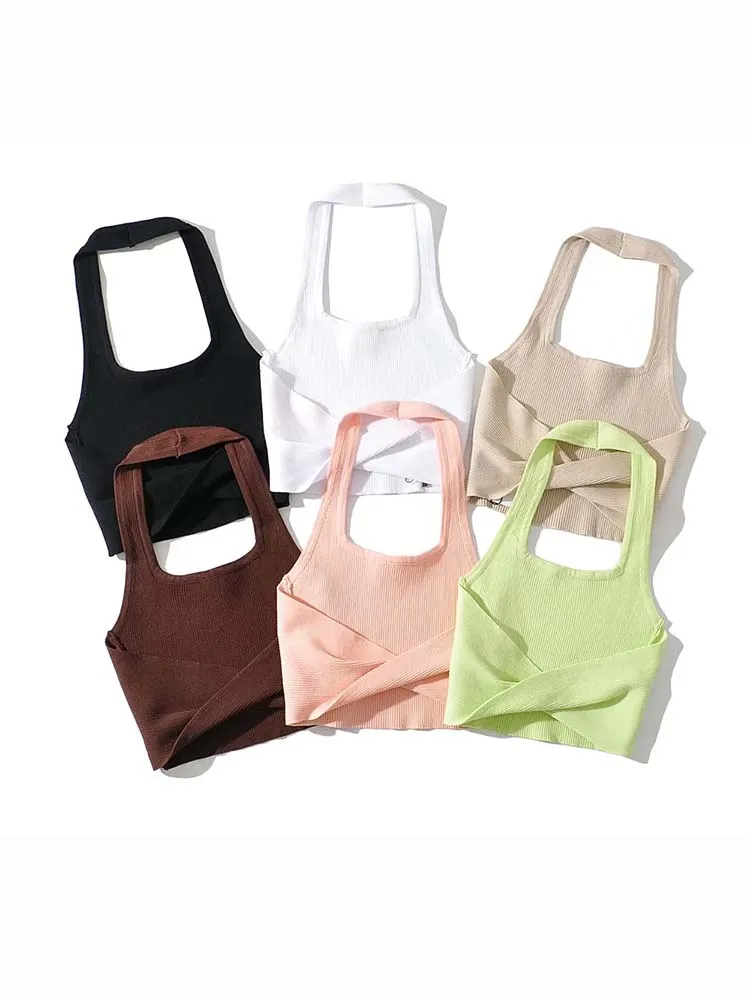 2024 Summer Fashion Sexy Women's Crop Tube Tops Halter Neck Sleeveless Solid Back Kink Knitted Vest