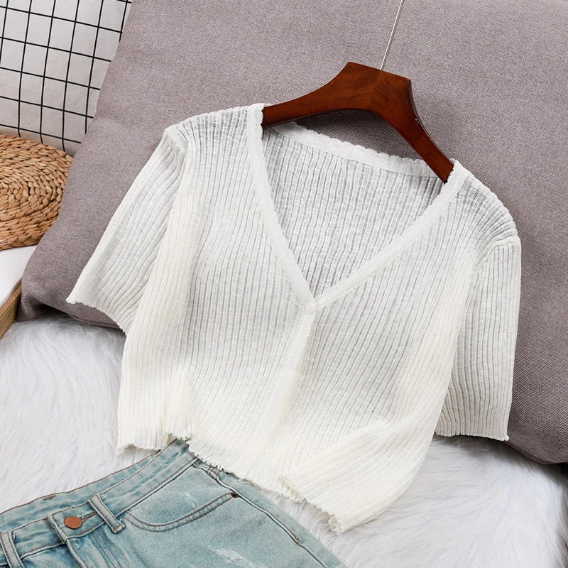 Summer Thin Knit Cardigan Sweater Women 2024 New Shawl Sun Protection Short Sleeved Top Korean V-neck Lace Slim Short Top