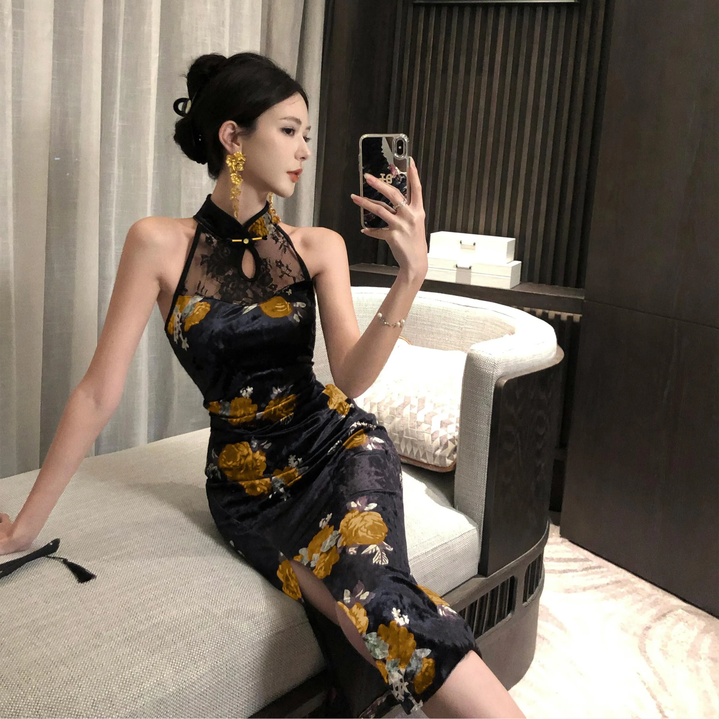 

Элегантное китайское бархатное платье с кружевным принтом и высоким разрезом, облегающее, миди, для женщин, в стиле ретро, для повседневной носки