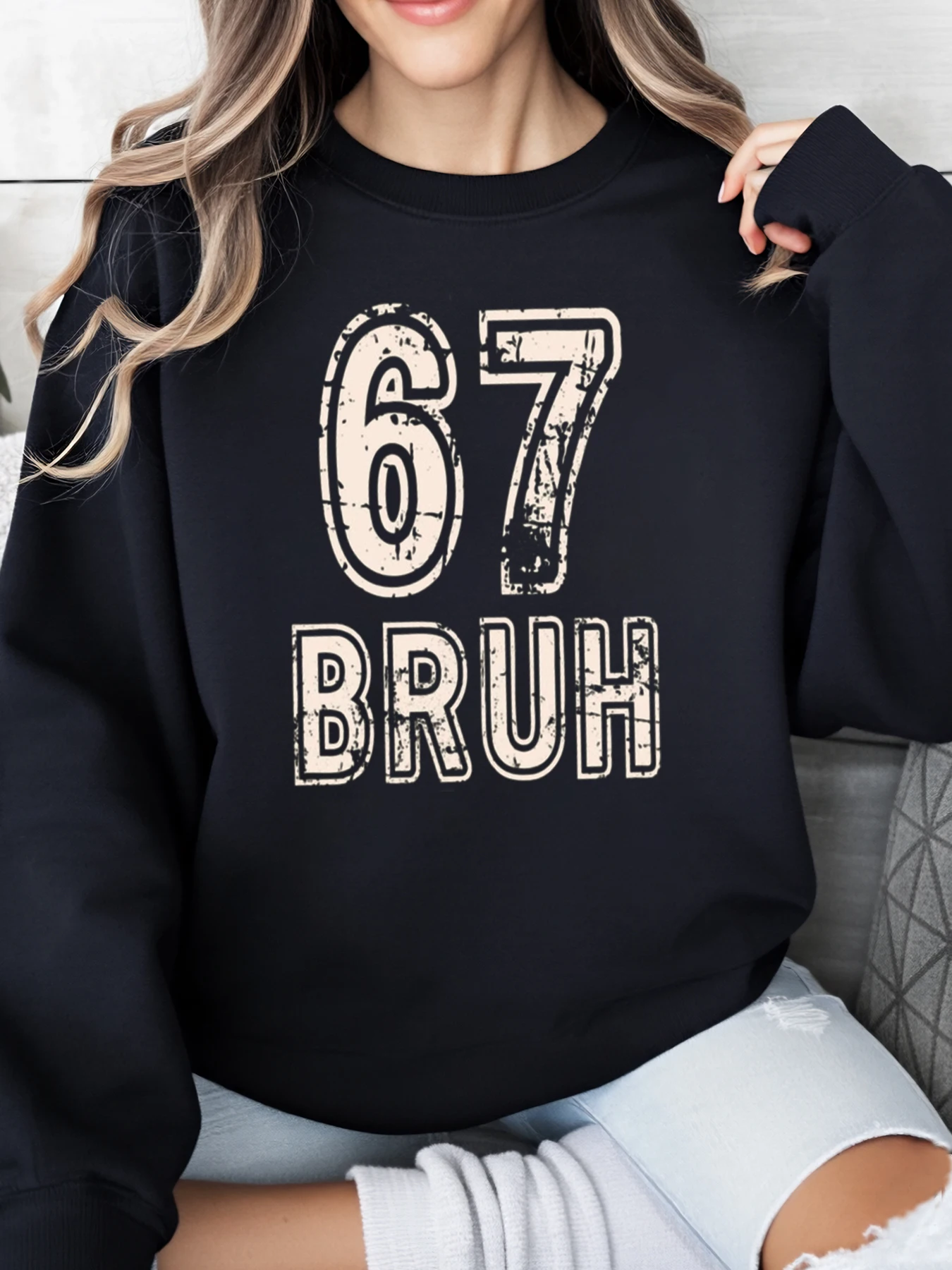 67 Bruh Print Sweatshirt هدية عيد ميلاد للجنسين ملابس كاجوال سوداء مقاس كبير