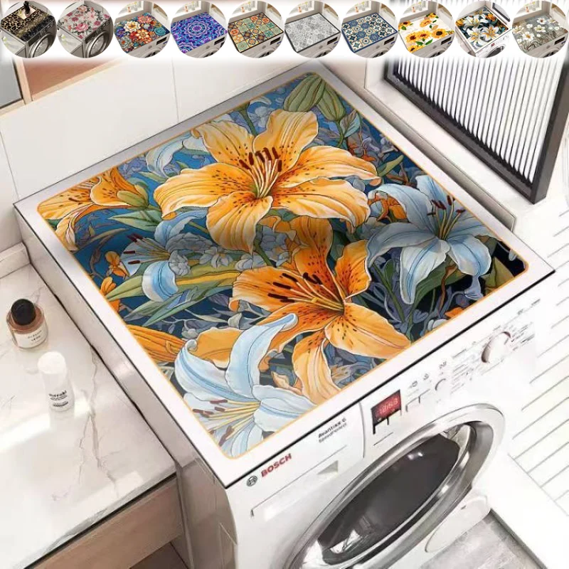 Vintage Floral Printed Diatomite Washing Machine Top Cover Mat Non-Slip Super Absorbent Laundry Pad for Dryer Fridge Countertop