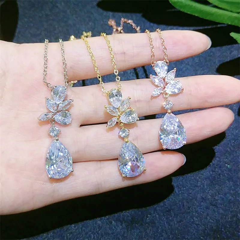 ZAKOL Fashion Water Drop Cubic Zirconia Pendant Necklace for Women Sliver Color Leaf Bridal Wedding Party Jewelry NP2143