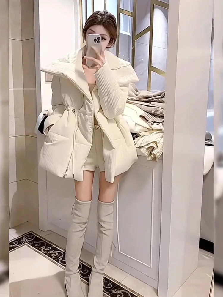 

Ultra-Thick Warm White Cotton Jacket Short Quilted Outerwear Winter Clothes Korean Style Commute Loose Fit Zipper Closure