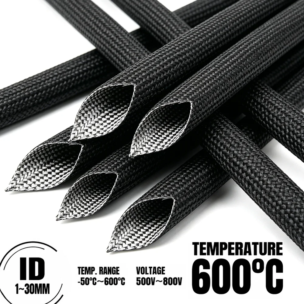 Black 600 Deg C Glassfiber Sleeve ID 1-30mm Flame Retardant/Wire Harness High-Temperature Insulation Protective Sleeve