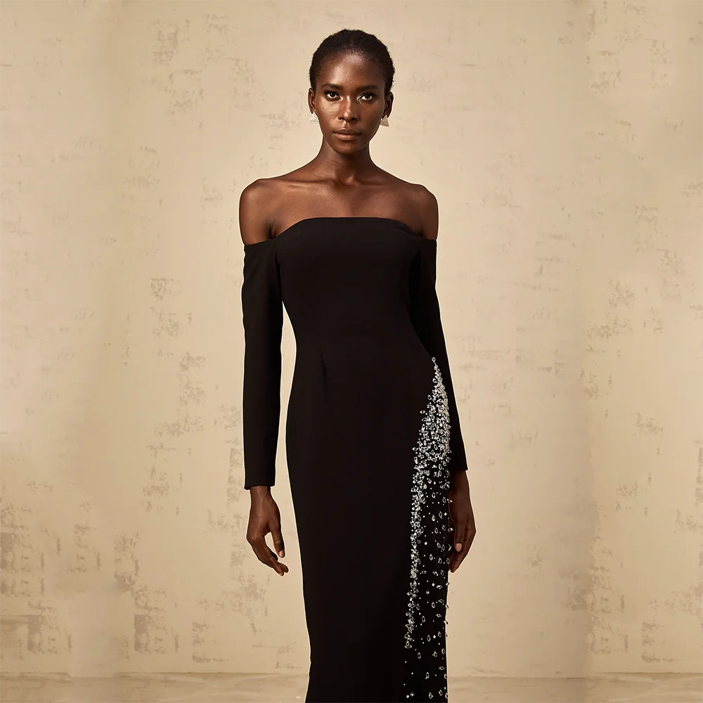 فساتين سهرة طويلة مخصصة بأكمام طويلة مناسبة رسمية أنيقة فساتين حفلات خرز كريستال 2025 طول الكاحل فساتين لحضور الحفلات الموسيقية #3