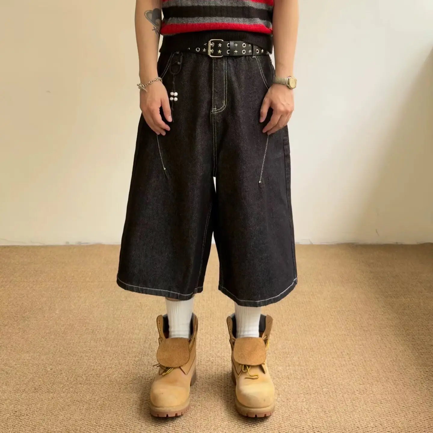 Men's Simple Bright Line Cropped Jeans Punk Boys Summer Shorts Mini Pants Wide Leg Casual Bottom Male Calf-length Trousers