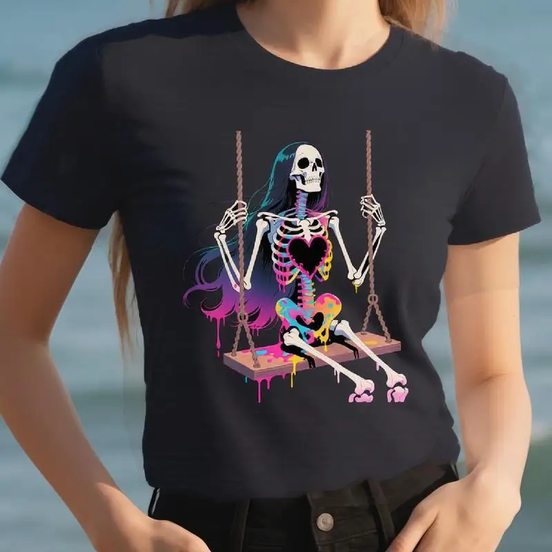 

Skeleton on Swing Graphic Tee, Halloween Shirt, Gothic Grunge Y2K Aesthetic, Spooky Unisex T-shirt for Women, Cool Gift