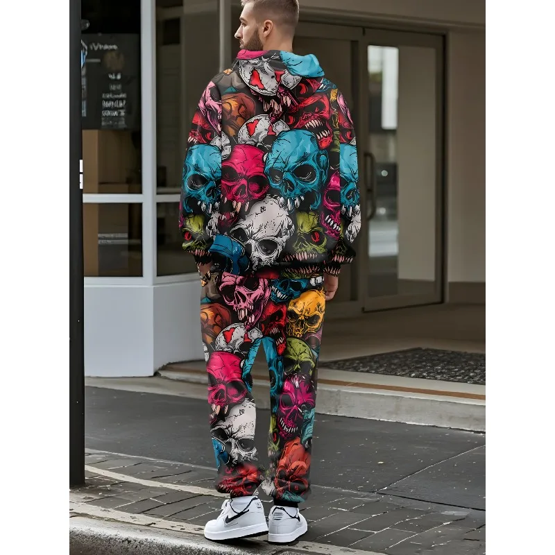 2025 حجم كبير بدلة رجالية غير رسمية ثلاثية الأبعاد مطبوعة مقنعين البلوز Sweatpants العصرية كول اللون الهيكل العظمي مجموعة طباعة كاملة #3
