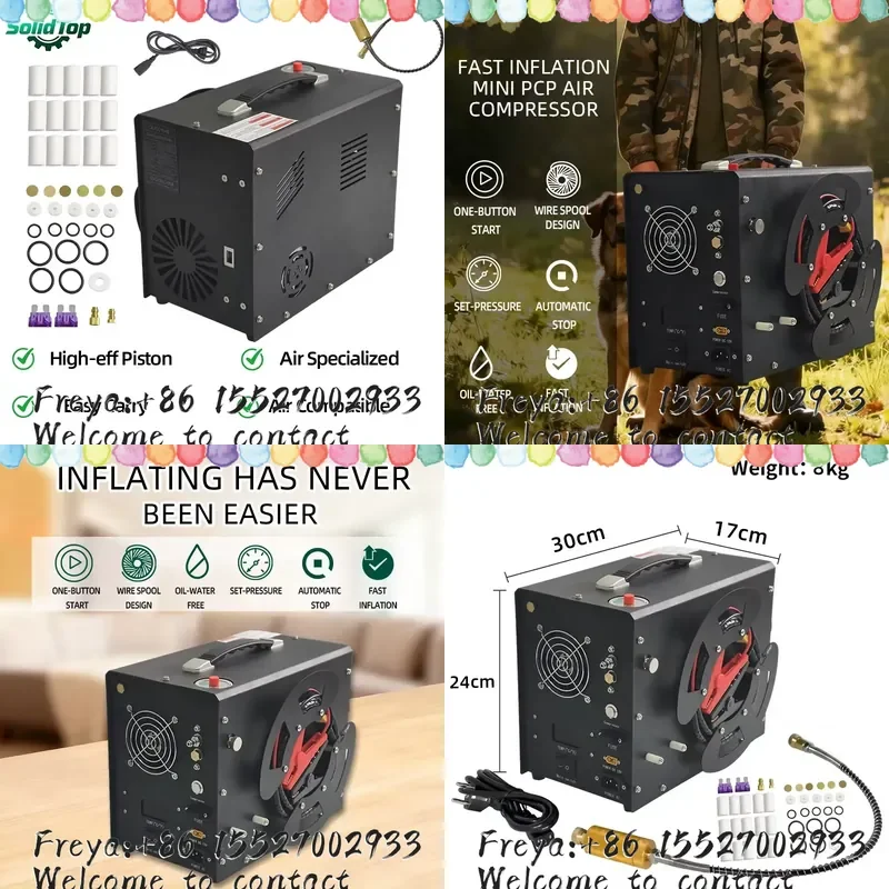 SolidTop PCP Air Compressor Electric 110V/220V/12V 300Bar/30MPa/4500PSI Portable Pump Adapter Fan Auto Stop Scuba Dive Tanks