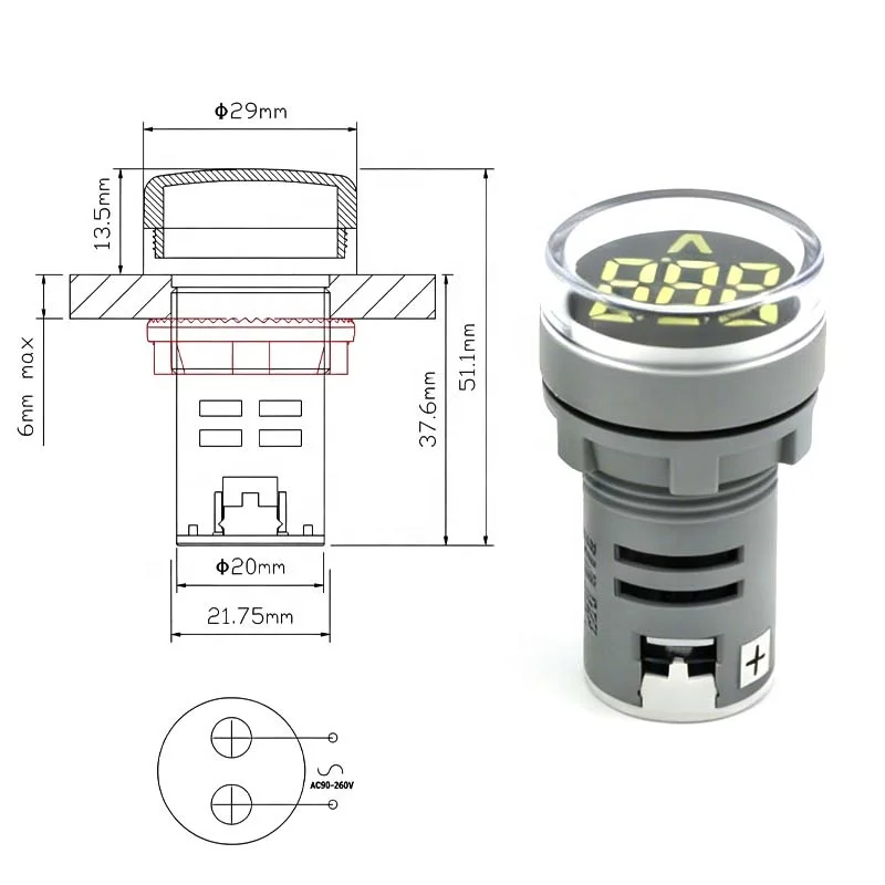Single Phase Mini 22mm Digital Voltmeter DC 6-100V 2% Accuracy Frequency LED Display IP65 Industrial Use Control Panels