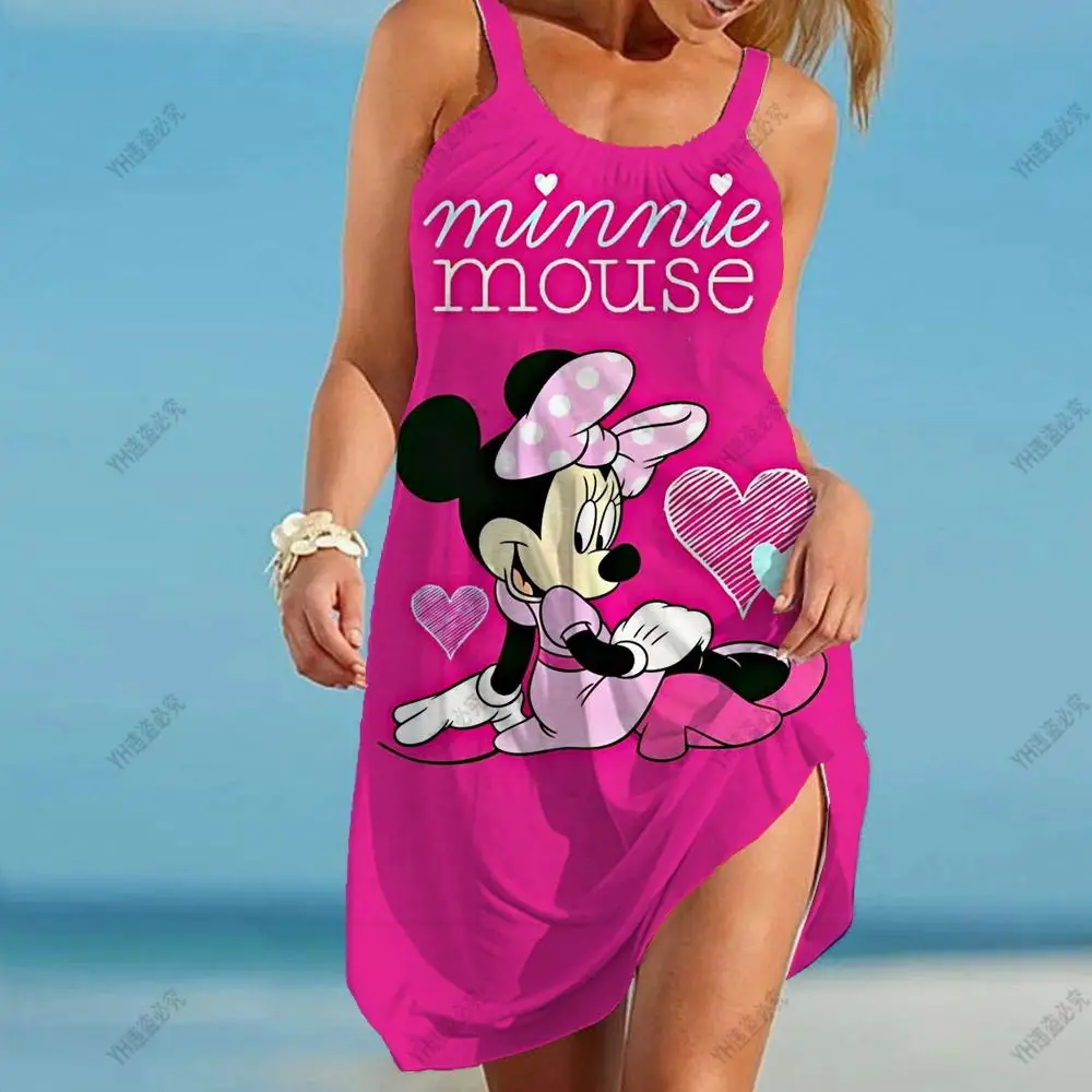 2024 Nieuwe Grote Swing Off Shoulder Losse Zomerjurk S-5xl Zomerjurken Disney Mickey Mouse Strap Strandjurk Voor Dames