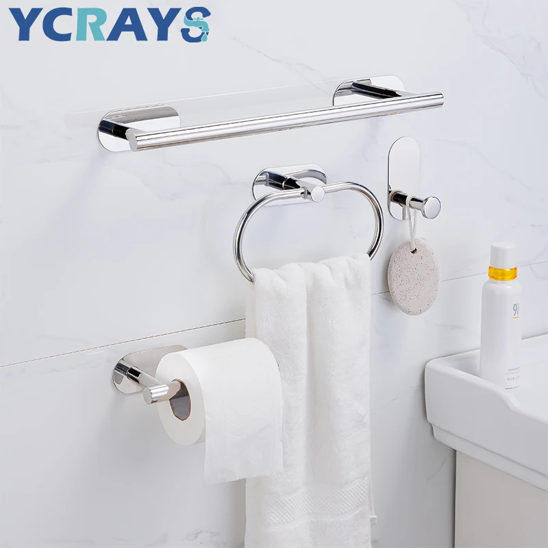 YCRAYS No Drilling Golden Bathroom Accessories Sets Toilet Tissue Roll Paper Holder Towel Rack Bar Rail Ring Robe Hook Hardware