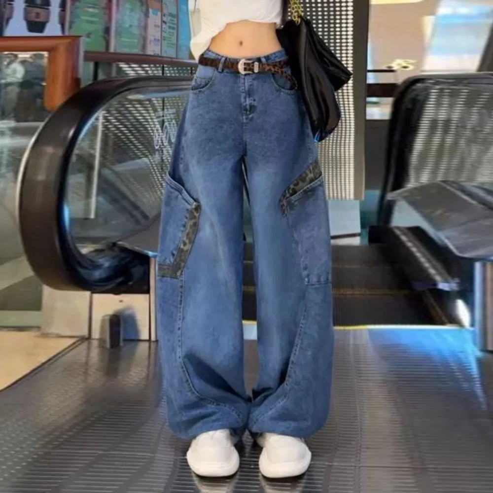 American leopard print splicing scimitar jeans women's niche tooling wide-leg sickle pants street design walking trousers