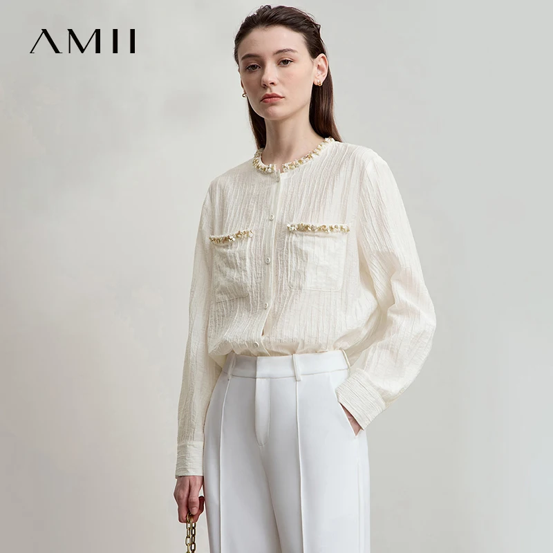 AMII Women's Shirt 2025 Autumn New Elegant Versatile Women's Blouse Pockets O-Neck Loose Long Sleeves Casual Ladies Tops12543146