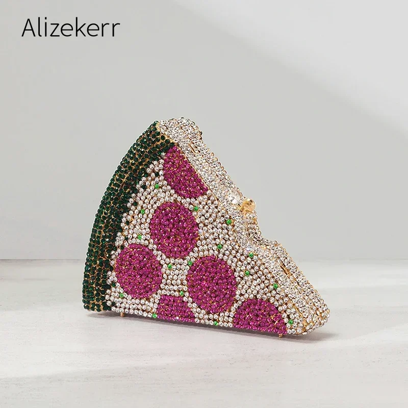 Alizekerr Pizza Shaped Diamond Evening Clutch Bags 2024 New Gorgeous Unique Metallic Watermelon Rhinestone Purses Wedding Party