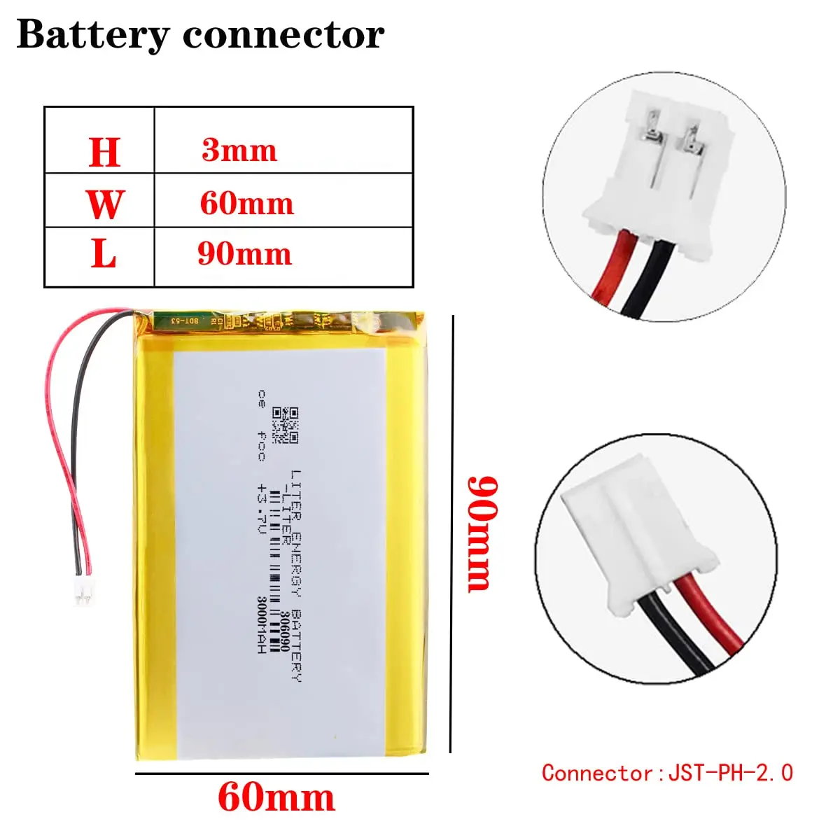 Liter 3.7V 3000mAh 306090 Lipo Battery Rechargeable  with JST 2.0mm Connector Tablet computer Electronic book