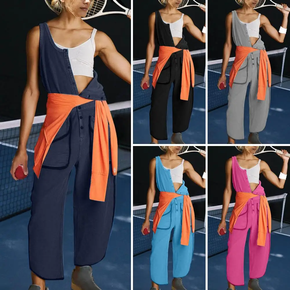 Jumpsuit kancing tersembunyi wanita, baju terusan tanpa lengan gaya dengan saku pinggang elastis kasual musim panas untuk wanita lebar