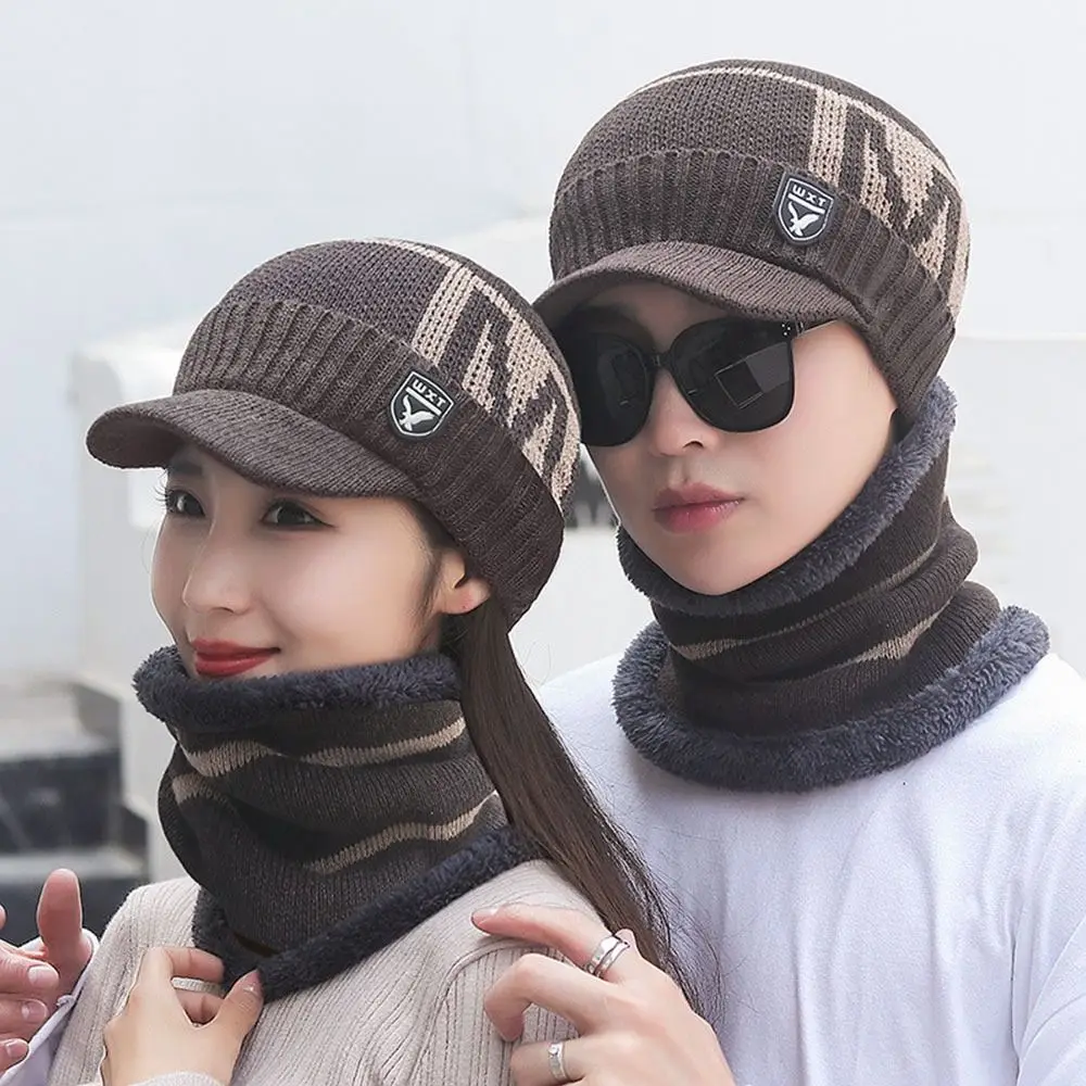 2Pcs/Set Outdoor Thickened Windproof Hat Scarf Wool Winter Knitted Hat Soft Warm Beanie Cap for Men Women