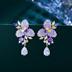 CWWZircons Chic Purple Cubic Zircon Pretty Long Big Flower Leaf Drop Dangle Earrings for Women Engagement Bridal Wedding CZ760