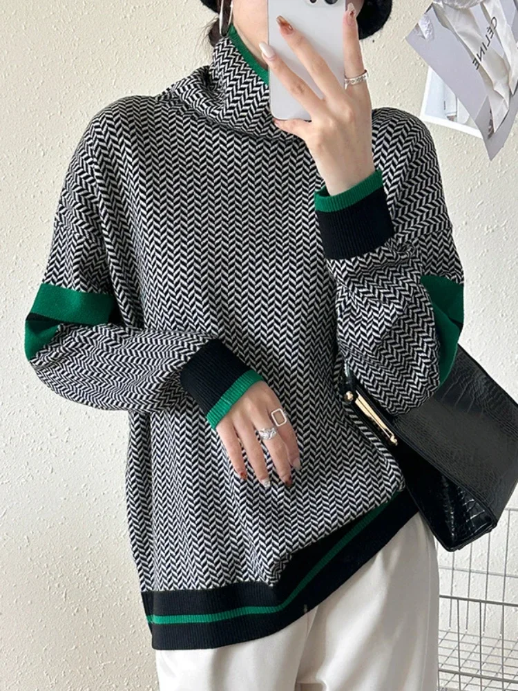 2024 Autumn/Winter Fashion New Collection Women's Checkered Printed High Collar Warm Hoodie Loose Color Blocked Elegant Sweater