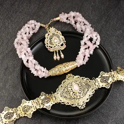 Sunspicems Chic Pink Stone Morocco Jewelry Sets Metal Belt Multilayer Choker Neckalce Caftan Brooch Arabic Bride Wedding Jewelry