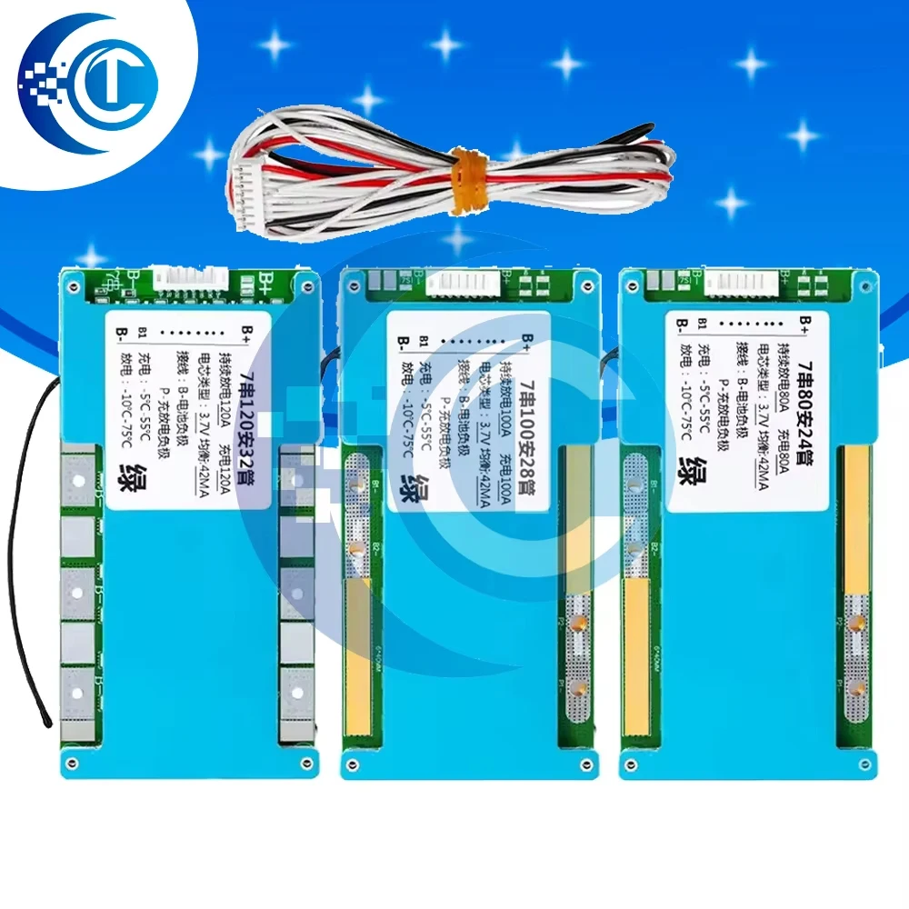

7S 24V 80A 100A 120A Литий-ионный Lmo Тройной литиевый аккумулятор 18650 bms Плата защиты от заряда батареи Баланс с кабелем С подогревом