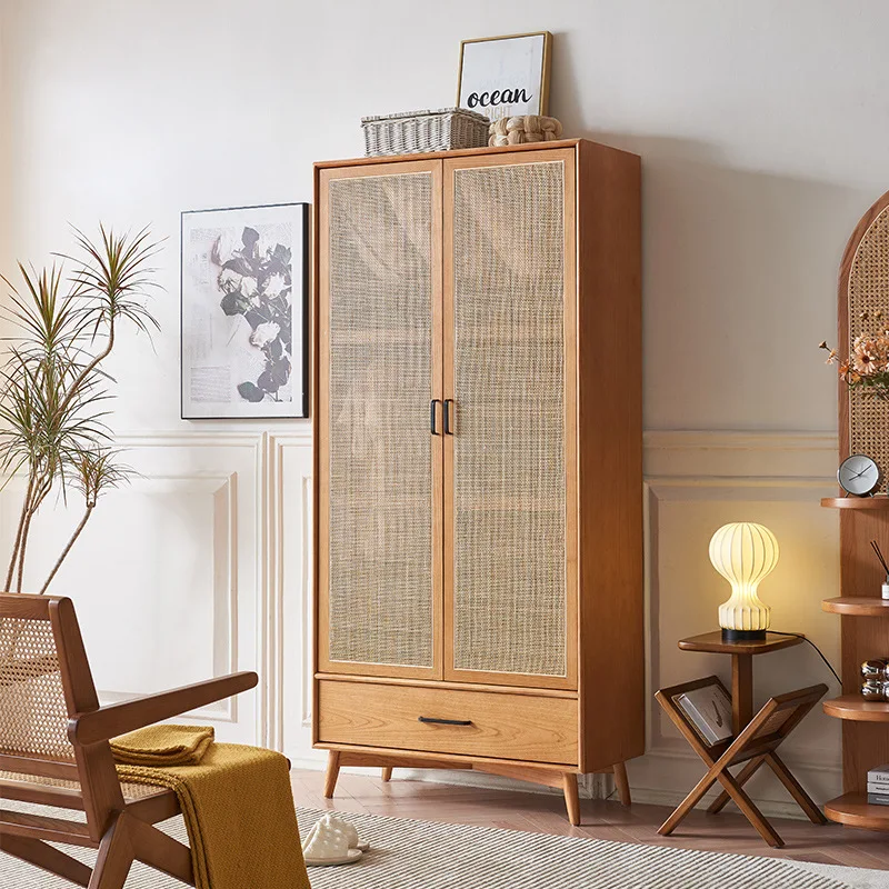 

23 years old new rattan solid wood wardrobe wabi wind bedroom home retro double door with pumping partition storage cabinet