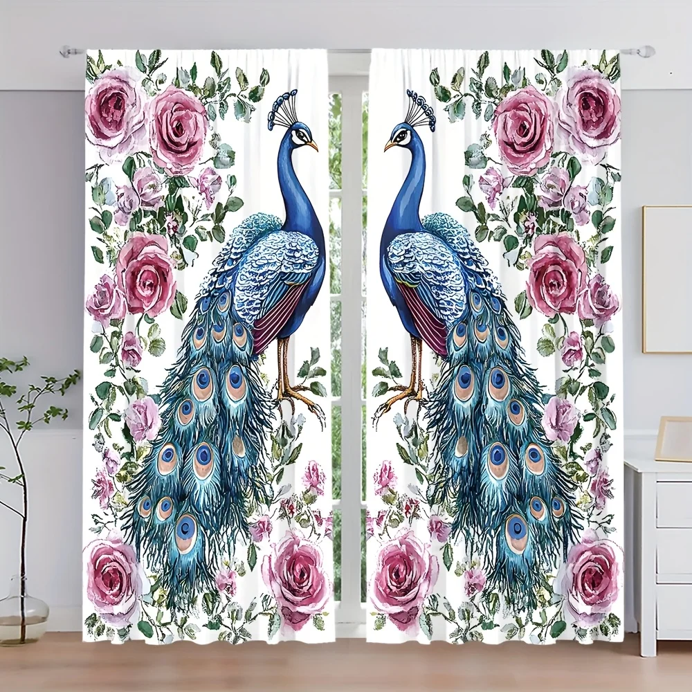 Decorative Peacocks and Roses Floral Watercolor Print Curtains 2pcs Pair Luxury Cottage Style Home Curtain