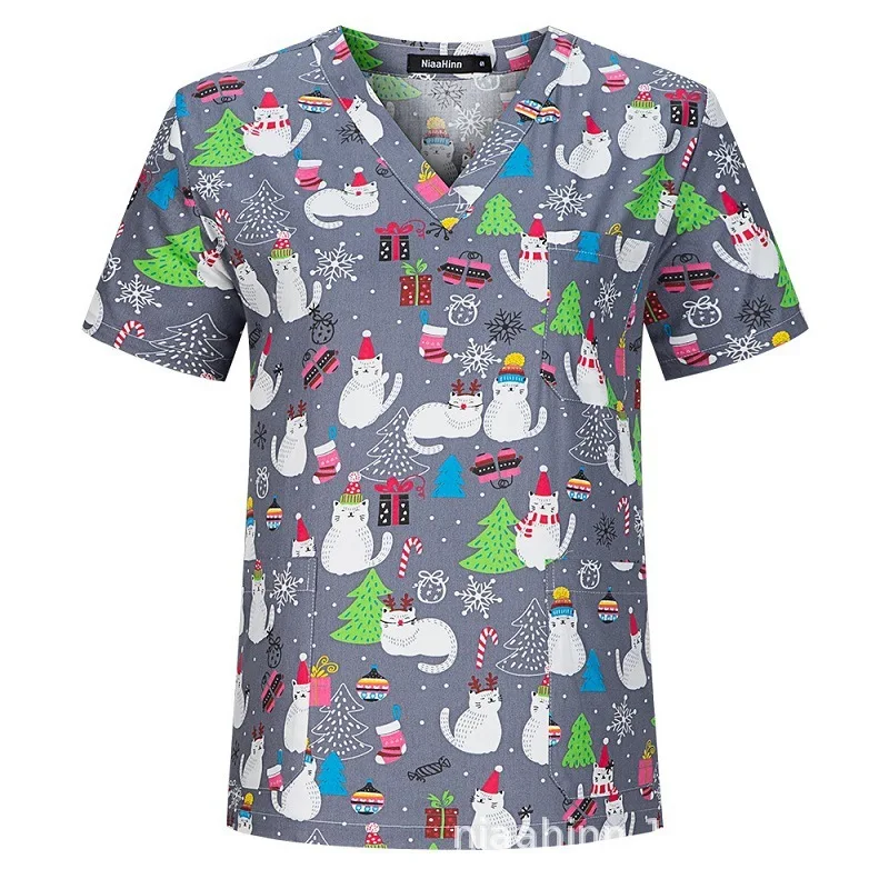 

Printed Women's Scrub Tops Nursing Scrubs Uniform V-Neck Short-Sleeved Medical T-Shirt Unisex Hospital Doctors Clothes Lab Coat